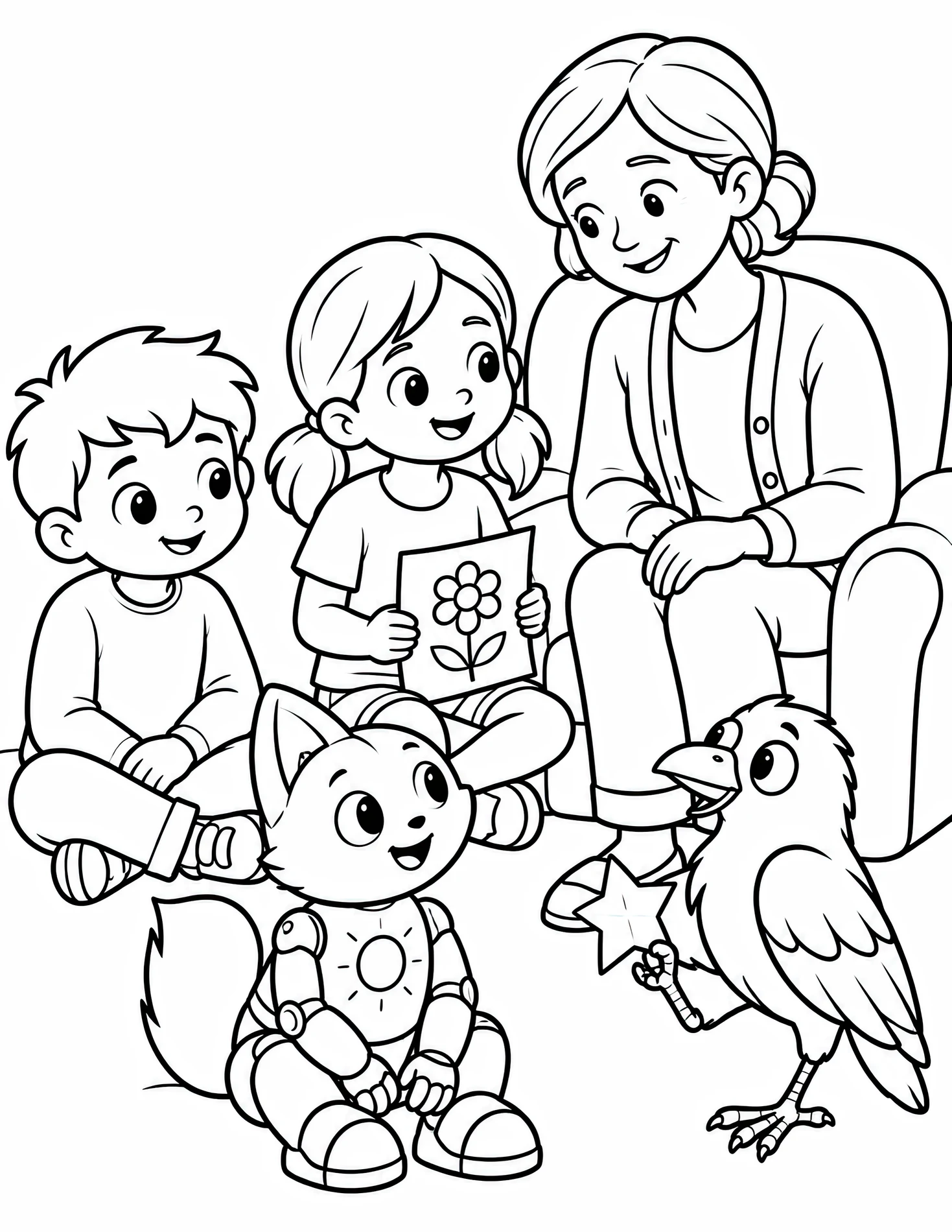 Liam, Maya, Pip, Glitch and Mom gathered around a drawing